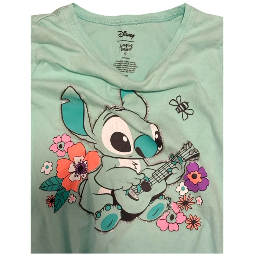 Disney Stitch Floral Guitar Girls Tee Mint Green Size 5T
